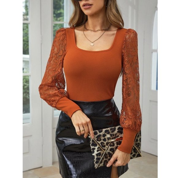 MODA ME COUTURE Tops - Pumpkin Spice Crochet Sleeve Sweater Top - Orange